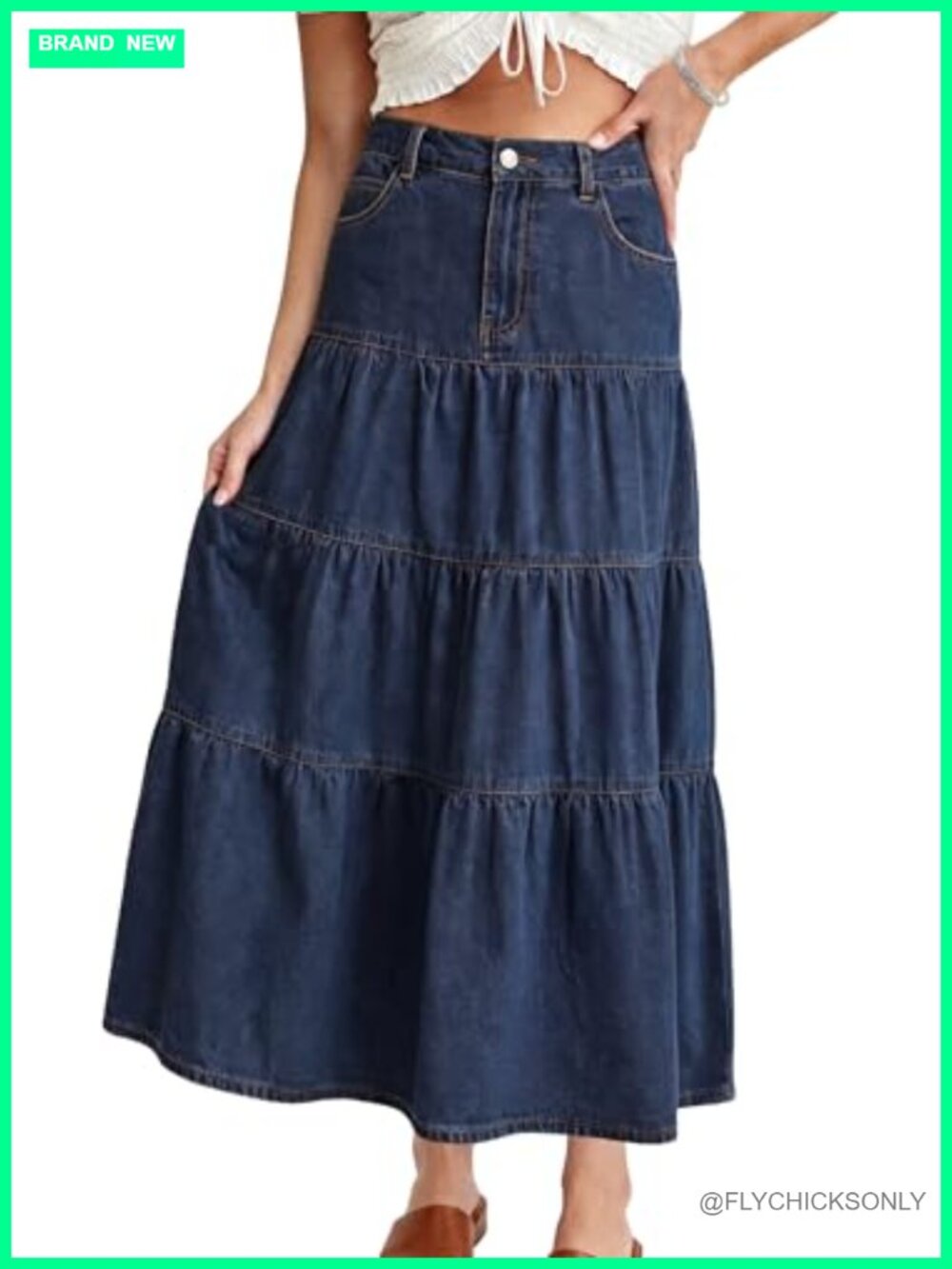 Womens Tiered Denim Maxi Skirt High Waist A-Line Ruffle Hem Jean Skirt